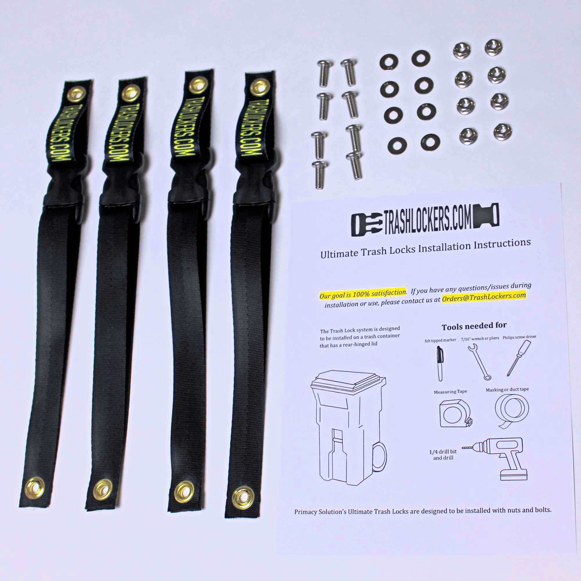 4 trash can locks with installation guide and steel nuts
